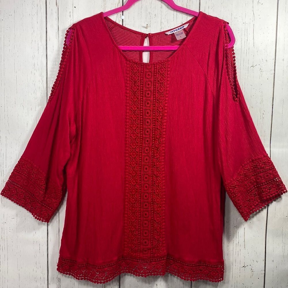 Nygard Red Boho Embroidered Cold Shoulder Blouse Size L Cottagecore Romantic